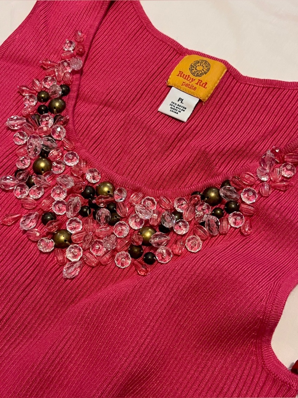 Ruby Rd. Hot Pink Beaded Ribbed Knit Tank Top - Size PL - Picture 2 of 8
